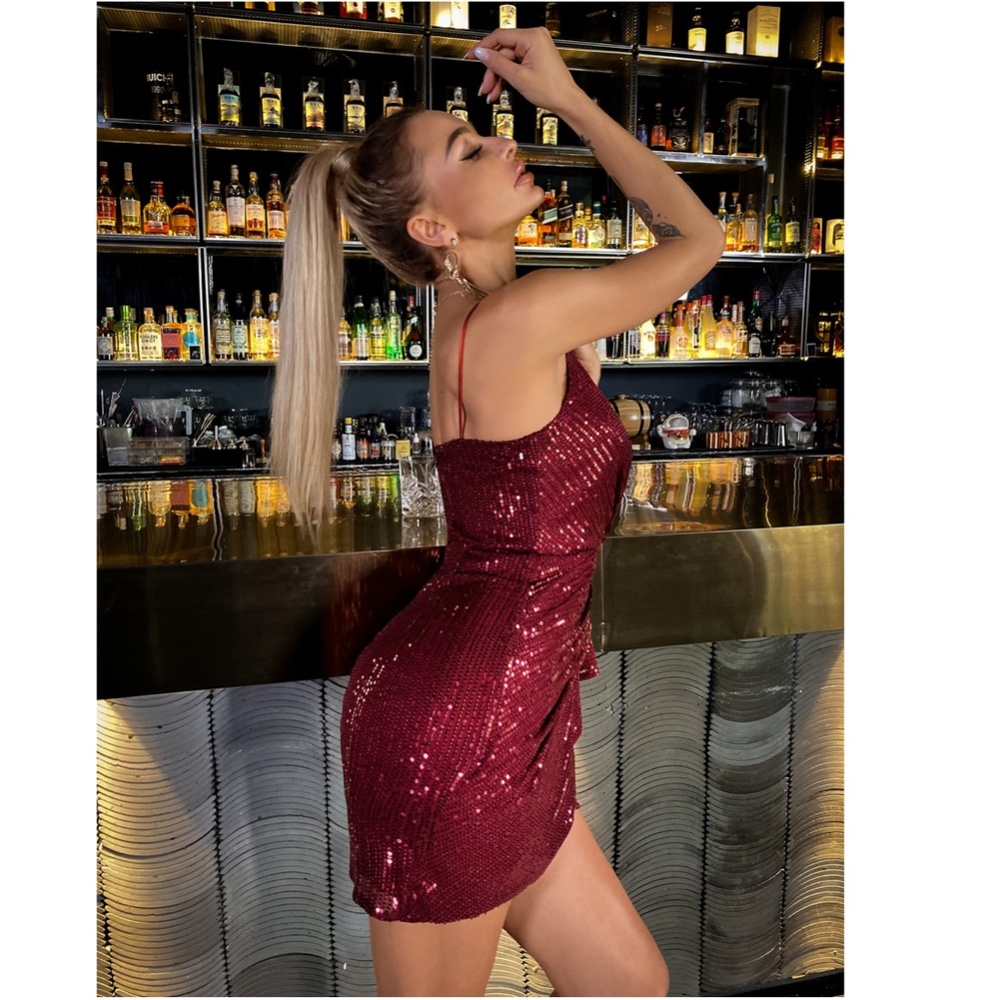 Deep V Burgundy Sequin Draped Mini Dress - Picture 5 of 14